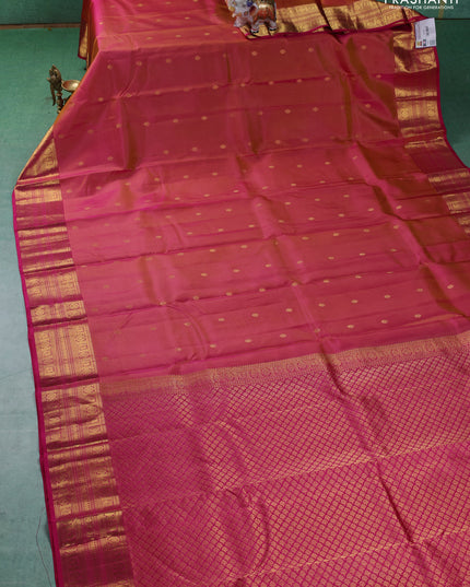 Pure kanchipuram silk saree dual shade of pinkish yellow and pink with zari woven buttas and zari woven border