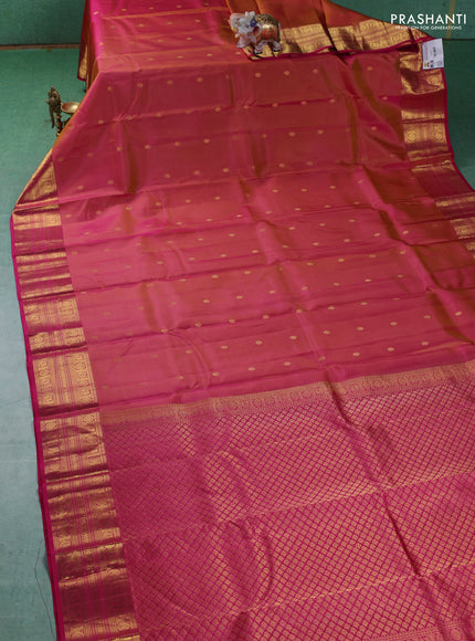 Pure kanchipuram silk saree dual shade of pinkish yellow and pink with zari woven buttas and zari woven border