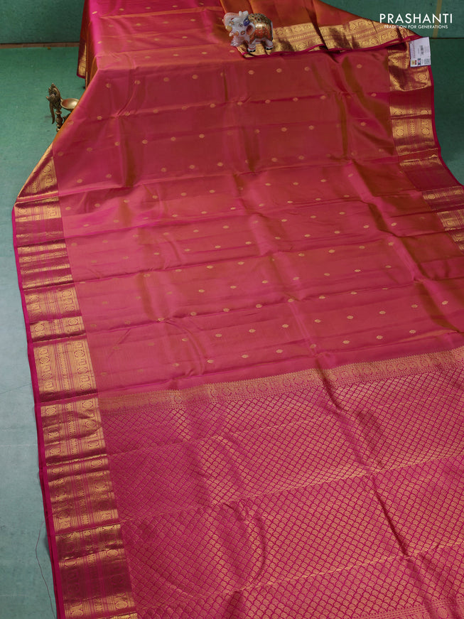 Pure kanchipuram silk saree dual shade of pinkish yellow and pink with zari woven buttas and zari woven border