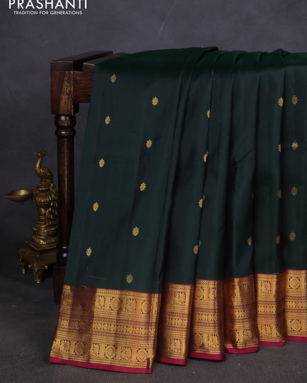 Pure kanchipuram silk saree bottle green and dark magenta with zari woven buttas and zari woven border