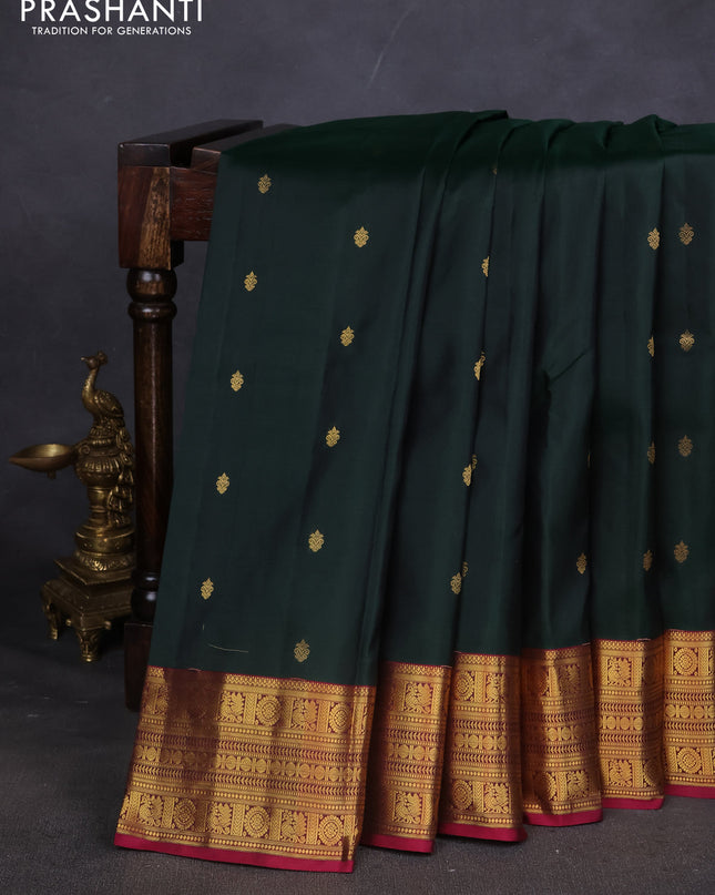 Pure kanchipuram silk saree bottle green and dark magenta with zari woven buttas and zari woven border