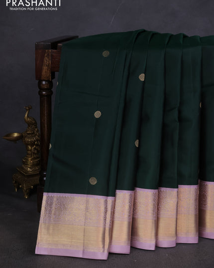 Pure kanchipuram silk saree bottle green and pastel lavender with zari woven buttas and zari woven border