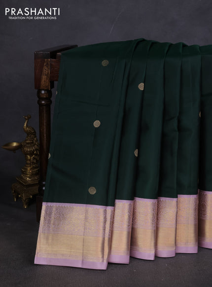 Pure kanchipuram silk saree bottle green and pastel lavender with zari woven buttas and zari woven border