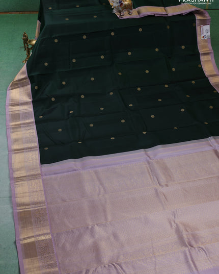 Pure kanchipuram silk saree bottle green and pastel lavender with zari woven buttas and zari woven border