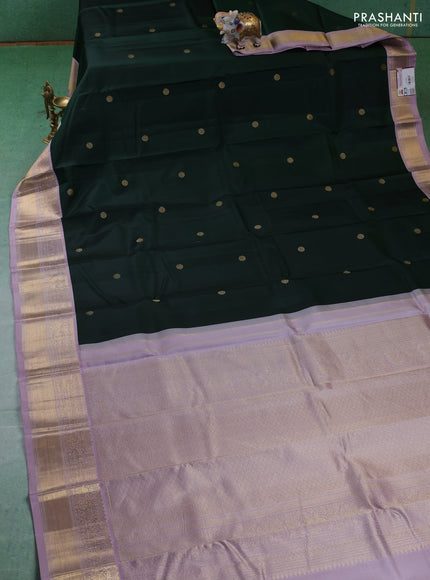 Pure kanchipuram silk saree bottle green and pastel lavender with zari woven buttas and zari woven border