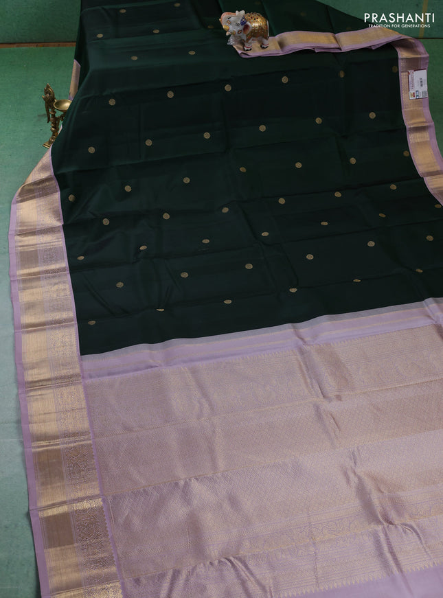 Pure kanchipuram silk saree bottle green and pastel lavender with zari woven buttas and zari woven border