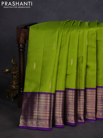Pure kanchipuram silk saree lime green and violet with zari woven buttas and zari woven border