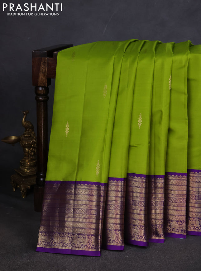 Pure kanchipuram silk saree lime green and violet with zari woven buttas and zari woven border