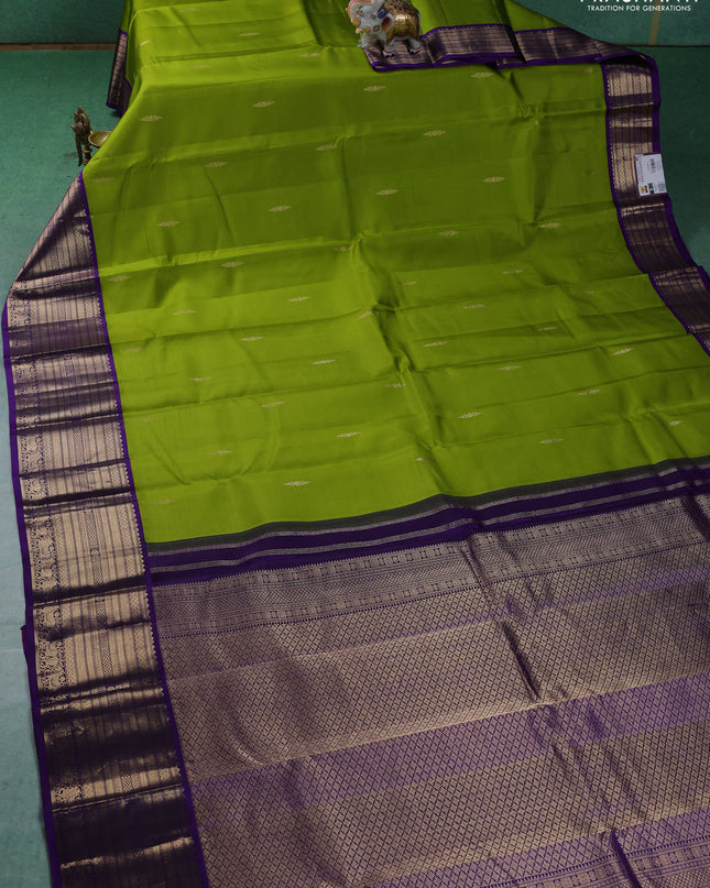 Pure kanchipuram silk saree lime green and violet with zari woven buttas and zari woven border