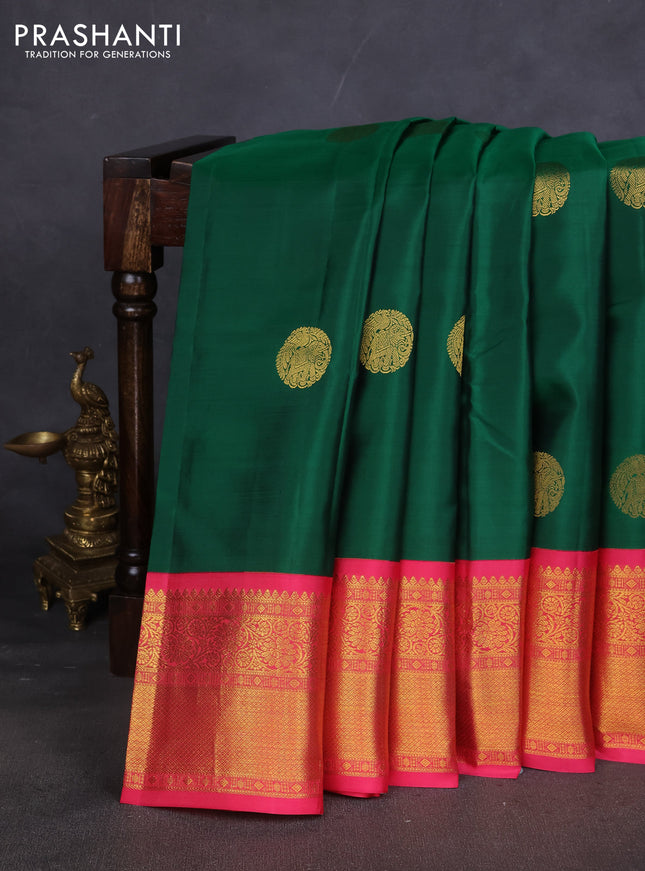 Pure kanchipuram silk saree green and pink with elephant zari woven buttas and zari woven korvai border