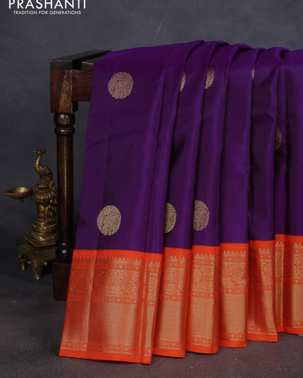 Pure kanchipuram silk saree purple and orange with elephant zari woven buttas and zari woven korvai border
