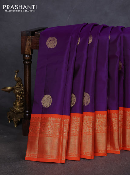 Pure kanchipuram silk saree purple and orange with elephant zari woven buttas and zari woven korvai border