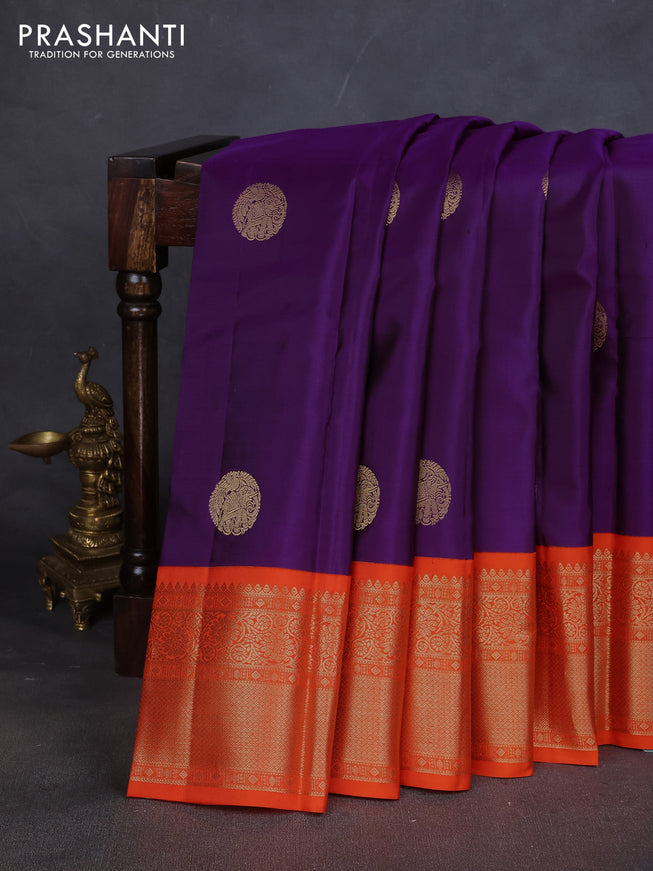 Pure kanchipuram silk saree purple and orange with elephant zari woven buttas and zari woven korvai border