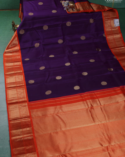 Pure kanchipuram silk saree purple and orange with elephant zari woven buttas and zari woven korvai border