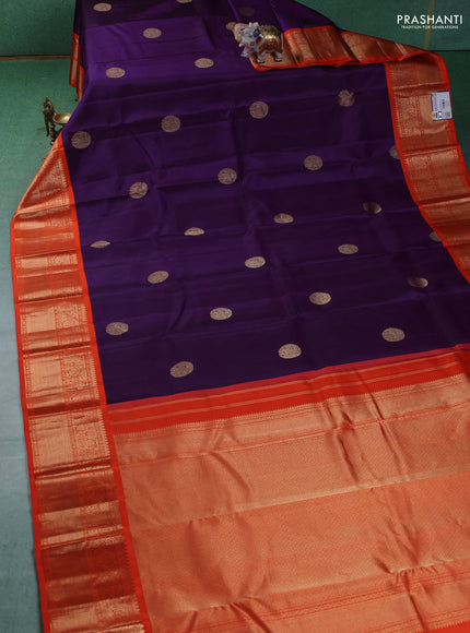 Pure kanchipuram silk saree purple and orange with elephant zari woven buttas and zari woven korvai border