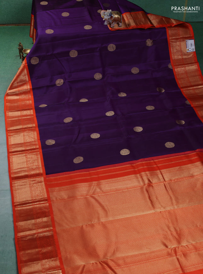Pure kanchipuram silk saree purple and orange with elephant zari woven buttas and zari woven korvai border