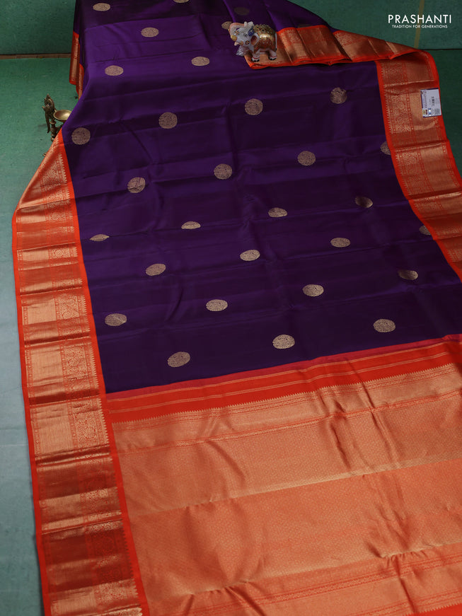 Pure kanchipuram silk saree purple and orange with elephant zari woven buttas and zari woven korvai border