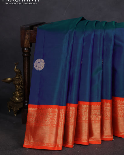 Pure kanchipuram silk saree cs blue and orange with elephant zari woven buttas and zari woven korvai border