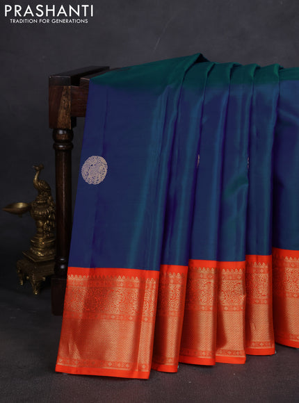 Pure kanchipuram silk saree cs blue and orange with elephant zari woven buttas and zari woven korvai border