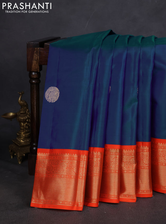 Pure kanchipuram silk saree cs blue and orange with elephant zari woven buttas and zari woven korvai border