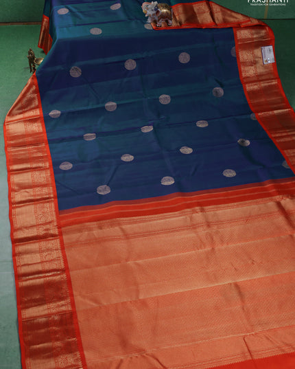 Pure kanchipuram silk saree cs blue and orange with elephant zari woven buttas and zari woven korvai border