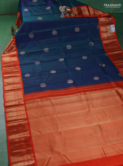Pure kanchipuram silk saree cs blue and orange with elephant zari woven buttas and zari woven korvai border