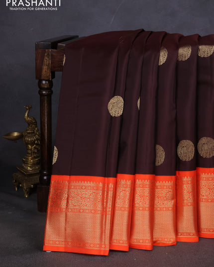 Pure kanchipuram silk saree deep maroon and orange with elephant zari woven buttas and zari woven korvai border