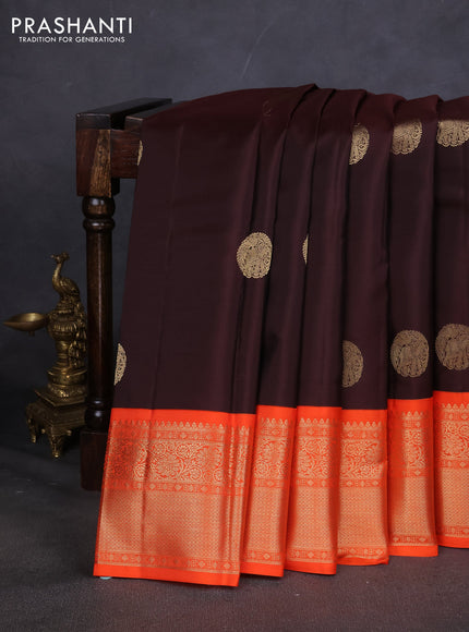 Pure kanchipuram silk saree deep maroon and orange with elephant zari woven buttas and zari woven korvai border
