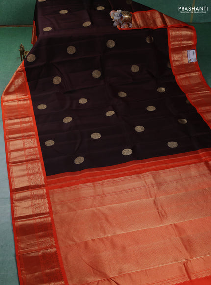 Pure kanchipuram silk saree deep maroon and orange with elephant zari woven buttas and zari woven korvai border