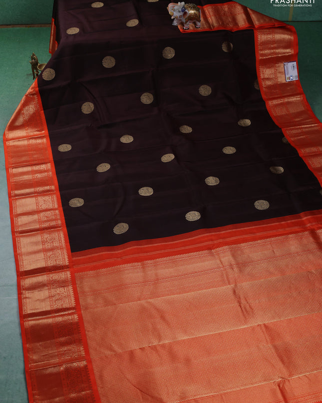 Pure kanchipuram silk saree deep maroon and orange with elephant zari woven buttas and zari woven korvai border