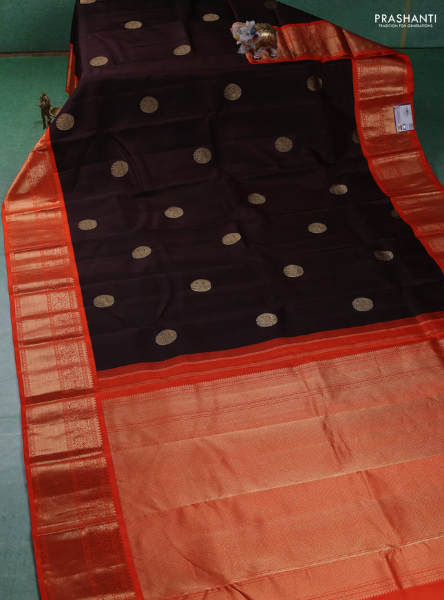 Pure kanchipuram silk saree deep maroon and orange with elephant zari woven buttas and zari woven korvai border