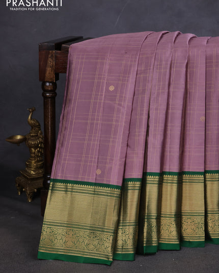Pure kanchipuram silk saree mauve pink and green with allover zari checked pattern and zari woven border