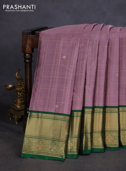 Pure kanchipuram silk saree mauve pink and green with allover zari checked pattern and zari woven border