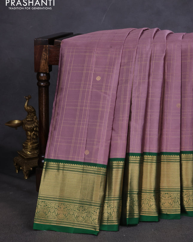 Pure kanchipuram silk saree mauve pink and green with allover zari checked pattern and zari woven border