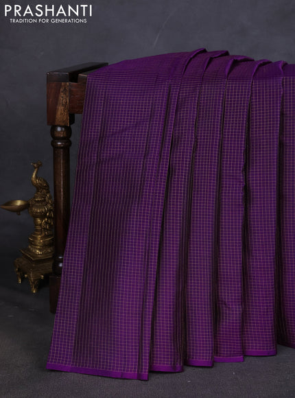 Pure kanchipuram silk saree purple and teal blue with allover zari checked pattern in borderless style