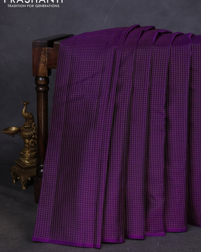Pure kanchipuram silk saree purple and teal blue with allover zari checked pattern in borderless style