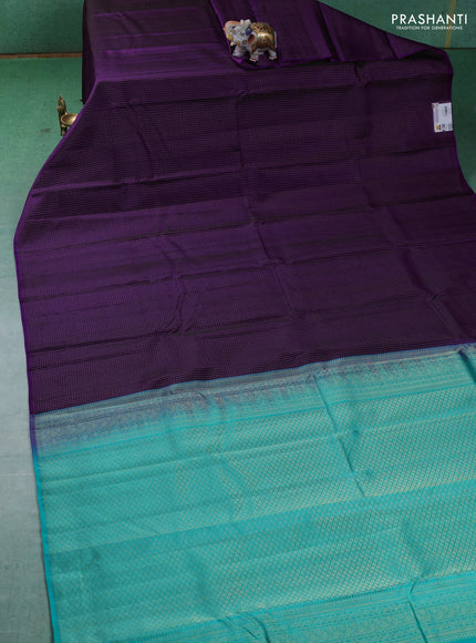 Pure kanchipuram silk saree purple and teal blue with allover zari checked pattern in borderless style
