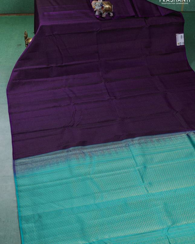 Pure kanchipuram silk saree purple and teal blue with allover zari checked pattern in borderless style