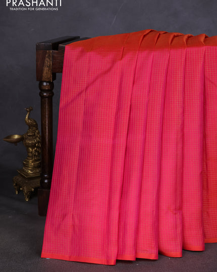 Pure kanchipuram silk saree dual shade of pink and teal blue with allover zari checked pattern in borderless style