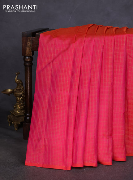 Pure kanchipuram silk saree dual shade of pink and teal blue with allover zari checked pattern in borderless style