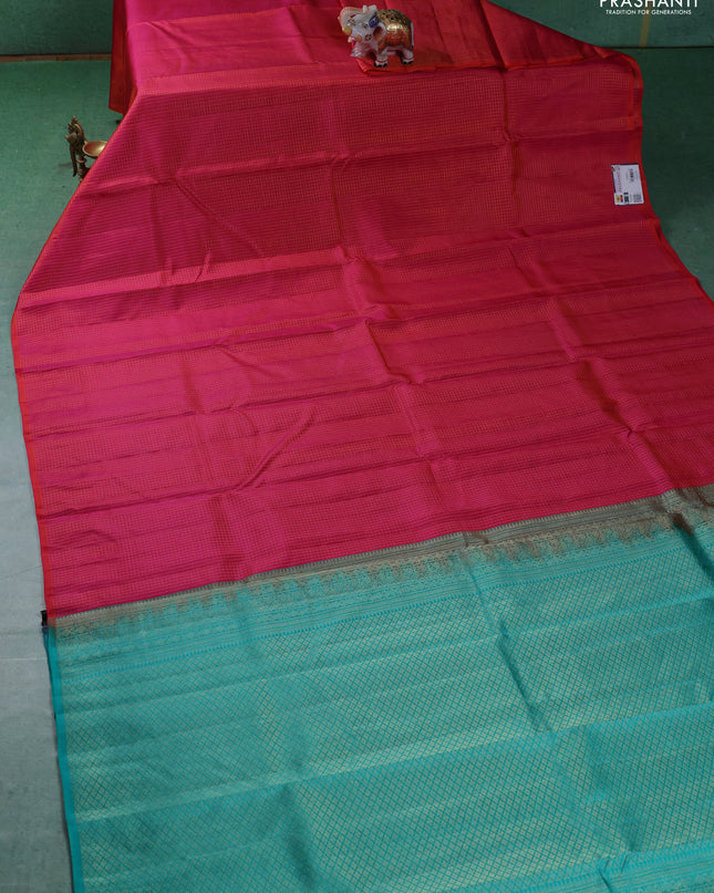Pure kanchipuram silk saree dual shade of pink and teal blue with allover zari checked pattern in borderless style