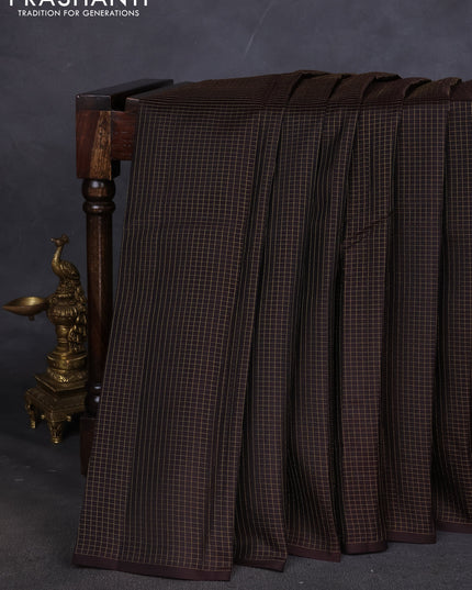 Pure kanchipuram silk saree coffee brown and teal blue with allover zari checked pattern in borderless style