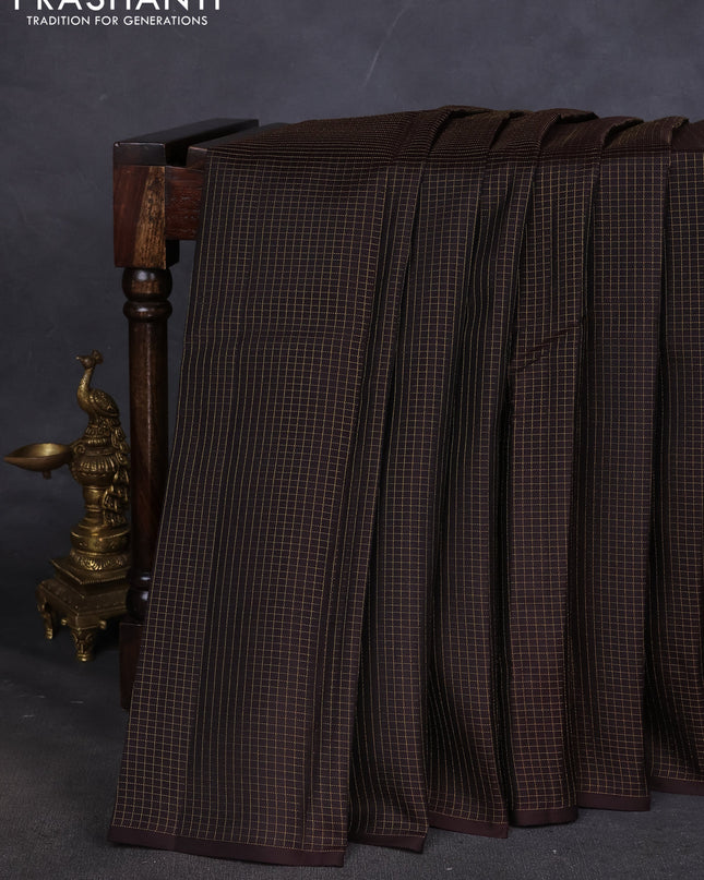 Pure kanchipuram silk saree coffee brown and teal blue with allover zari checked pattern in borderless style