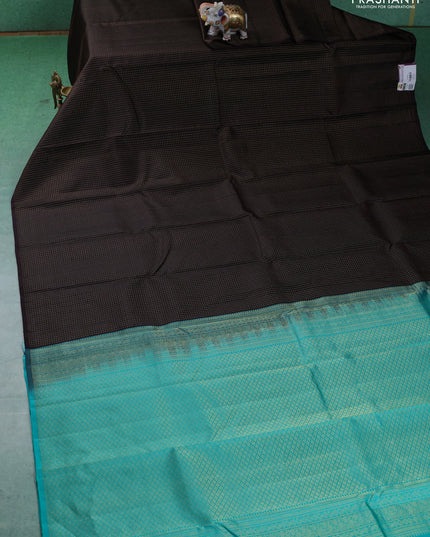 Pure kanchipuram silk saree coffee brown and teal blue with allover zari checked pattern in borderless style