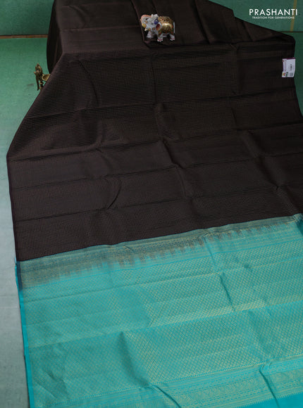 Pure kanchipuram silk saree coffee brown and teal blue with allover zari checked pattern in borderless style