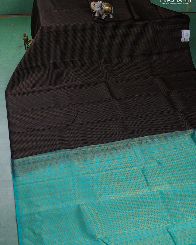 Pure kanchipuram silk saree coffee brown and teal blue with allover zari checked pattern in borderless style