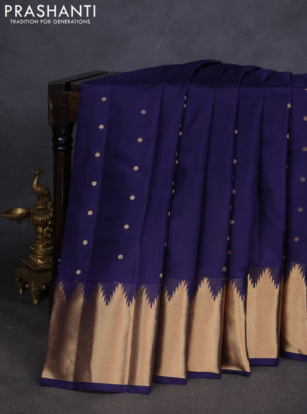 Pure kanchipuram silk saree dark blue with zari woven buttas and temple design zari woven border