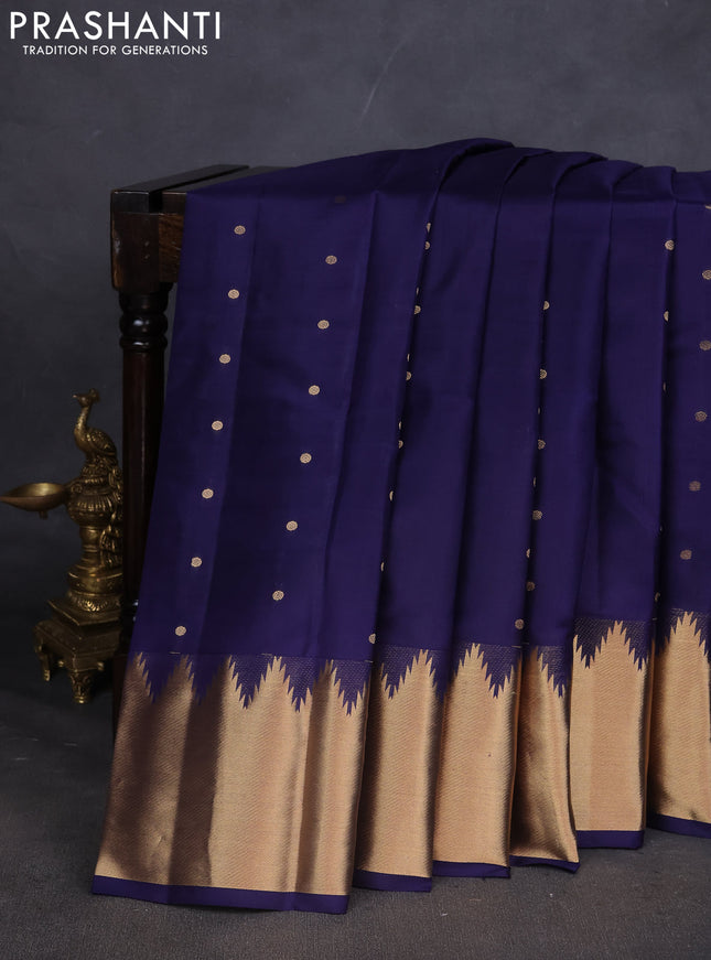 Pure kanchipuram silk saree dark blue with zari woven buttas and temple design zari woven border