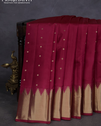 Pure kanchipuram silk saree dark pink with zari woven buttas and temple design zari woven border