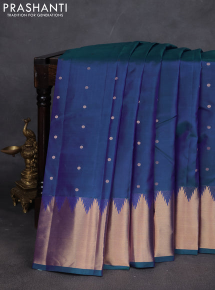Pure kanchipuram silk saree blue with zari woven buttas and temple design zari woven border